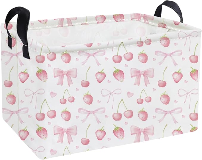 Essme Rectangular Kids Baskets,Girls Storage Basket Pink Bins with Handles for Strawberry Room Decor, Cherry Storage Bin（Strawberry）