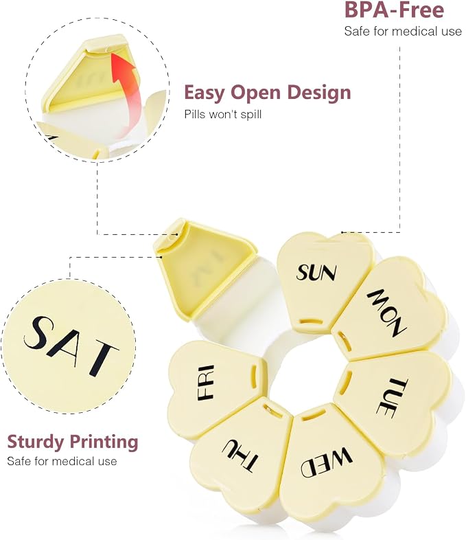 MOLN HYMY Large Weekly Pill Box 7 Day, Pill Case Organizer, Flower Pill Container Once Daily, Round Medicine Dispenser for Vitamin/Fish Oil/Medication/Supplement (Yellow)