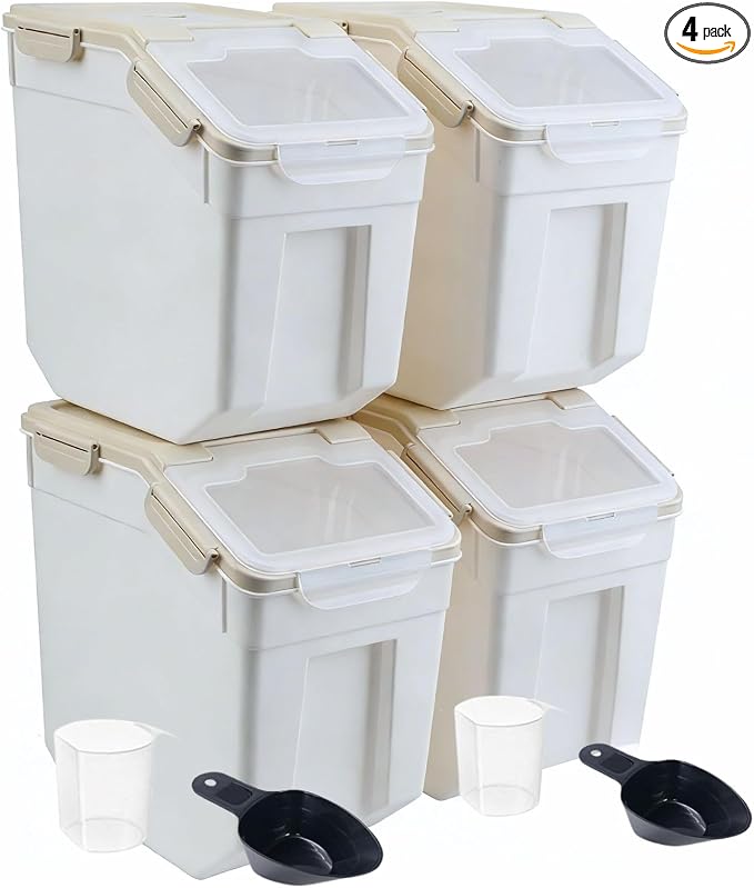Saim 4 Pack 25lb Flour & Rice Storage Container Bin,Rice Dispenser (Grey) | BPA free plastic with seal lid, rolling wheels and measuring scoop for rice, flour, cereal and grain one-hand scooping