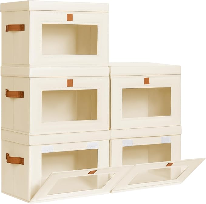 Medium Fabric Storage bins - Collapsible Storage Bins with Open Window, 5 Pack Closet Baskets for Shelves, Stackable Decorative Boxes for Home, Dorm, Beige, 13.7"x 9.8" x 9.8"