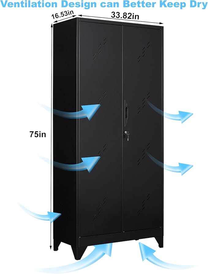 75" Metal Storage Cabinet with Lockable Doors,Utility Closet,Black | Functional Garage Storage Cabinets,Heavy-Duty Tool Cabinet,Hanging Rod & S-Hooks,Steel Lockers for Home Office,Warehouse