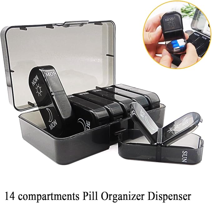 Small Pill Case, Cute Medicine Box, Travel Daily Pill Organizer | 7-Day 14 Tray Portable Vitamin Planner Container Dispenser for Purse Pocket, Capsule Holder for Fish Oils, Supplements, Black
