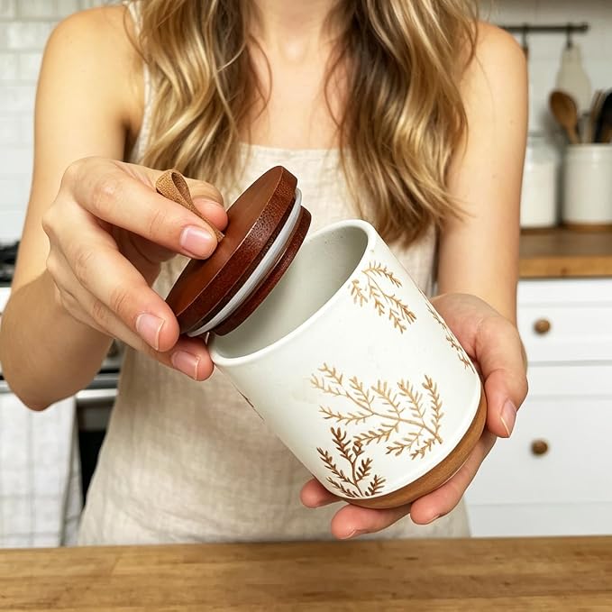 10oz Ceramic Airtight Food Storage Container with Wooden Spoon for Sugar,Matcha,Salt,Coffee,Spices,Cat Treat,Loose Leaf Tea(White Botanical Fern Pattern)