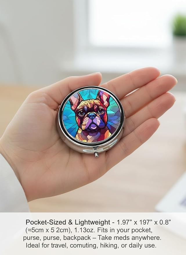 French Bulldog Dog Art Small Box for Pill,3 Compartment Pill Case Travel Medicine,Portable Pocket or Purse Pill Organizer Container Holder Hold Vitamins, Medication, Fish Oil Supplements
