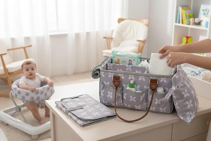 Diaper Caddy with Changing Mat, Large Baby Diaper Caddy Organizer with Lid, Portable Organizer Basket for Baby Essentials, Roll-Up Lid, Built-In Changing Mat Pocket