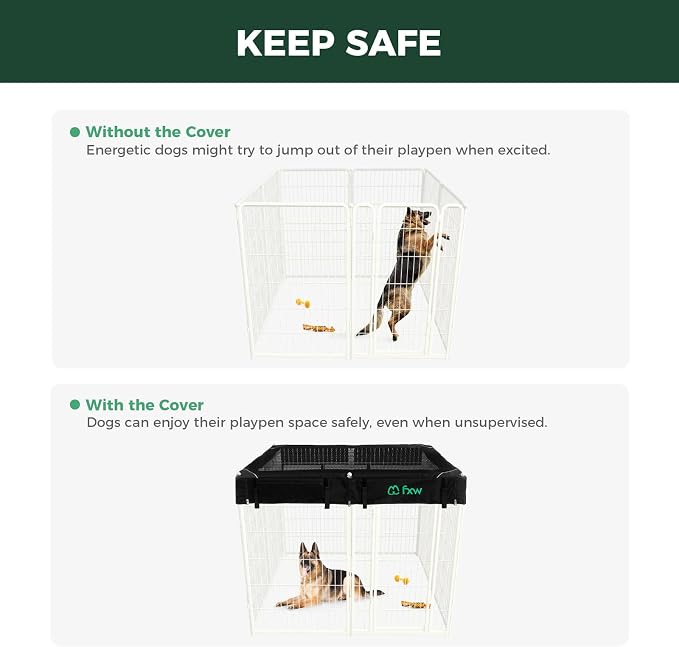FXW Homeplus Indoor Dog Playpen with Mesh Top Cover, 45" H, 8 Panels | Calm Indoor Play Area, Cover Helps Deter Jump-Outs, for Large Dogs, Patented