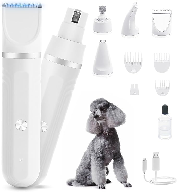 Dog Hair Clippers Grooming Kit and Paw Trimmer Nail Grinder Quiet,Dog Trimmer for Grooming,4-in-1 Rechargeable Cordless Low Noise Dog Shaver Grooming for Dogs Pets Cats(White)