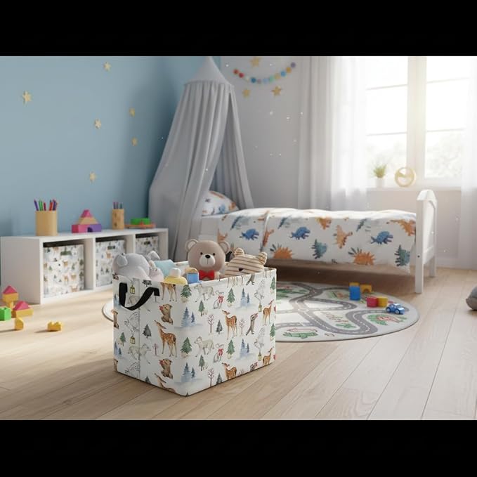 Rectangular Kids Basket Baby Girl Basket Fabric Storage Bin Organizer Box Room Decor(White Animal)