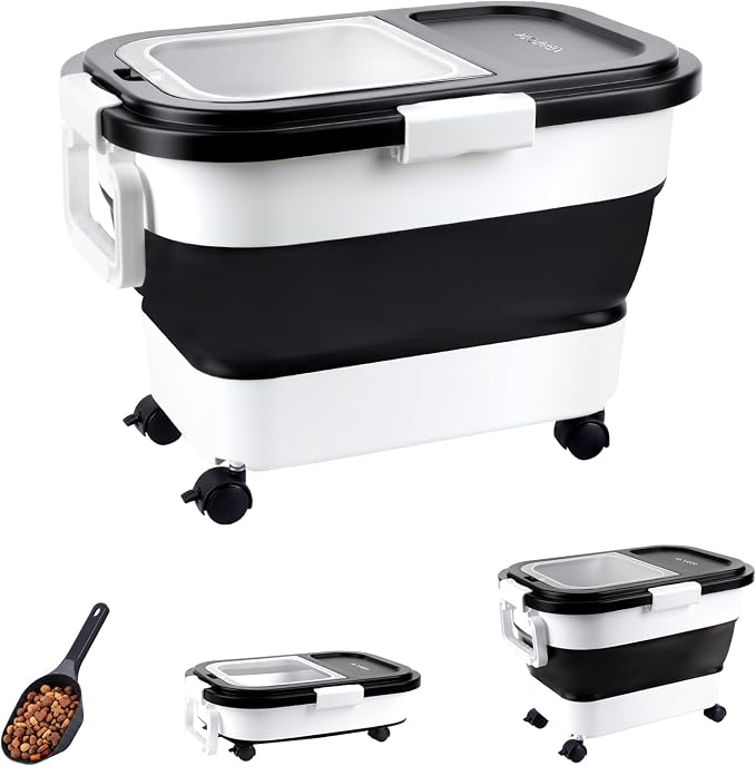Dog Food Storage Container 15-25lbs, Airtight Pet Food Bin with Locking Lid & Clear Window, Collapsible Rolling Storage Container with Wheels & Scoop, Black