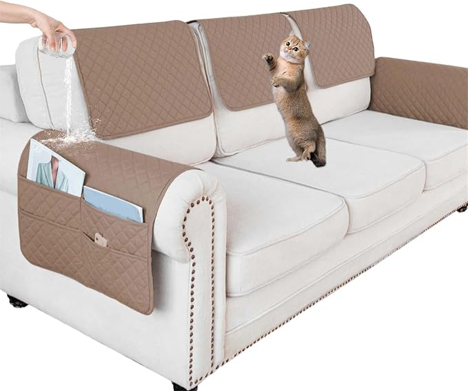Large Polyester Armrest and Headrest Covers with 2 Pockets | Soft, smooth polyester resists daily wear nonslip silicone backing helps shield recliners and sofas from pet scratches