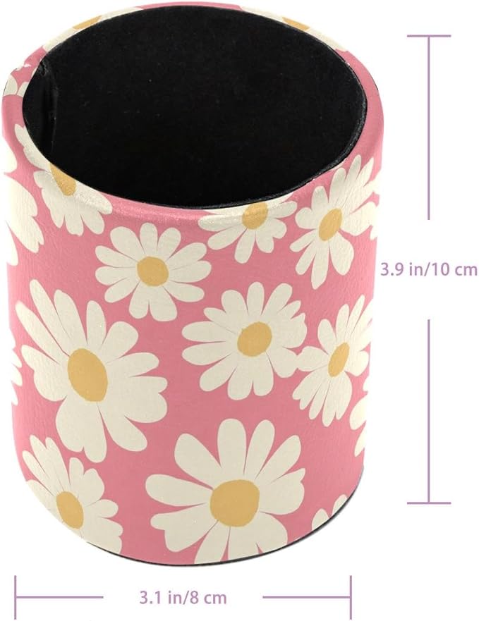 Faux Leather Pen Holder for Desk, Pencil Organizer Pink Daisy Pen Cup Desk Decor Makeup Brush Holder Storage for Office Home