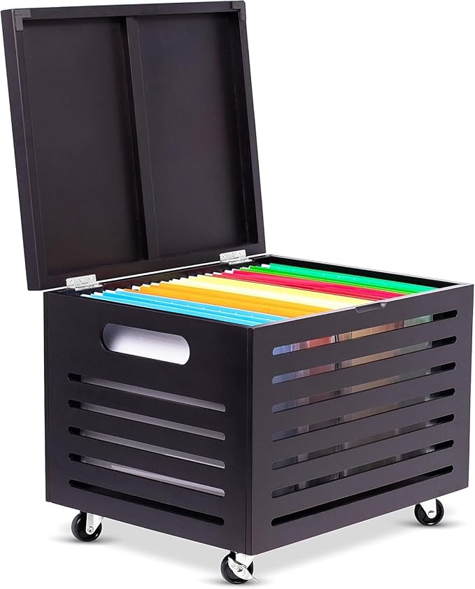 BIRDROCK HOME Bamboo Rolling File Storage Organizer Box with Lid - Decorative File Cabinet on Wheels, Portable File Box on Wheels, Mobile Filing Solution - Café Noir