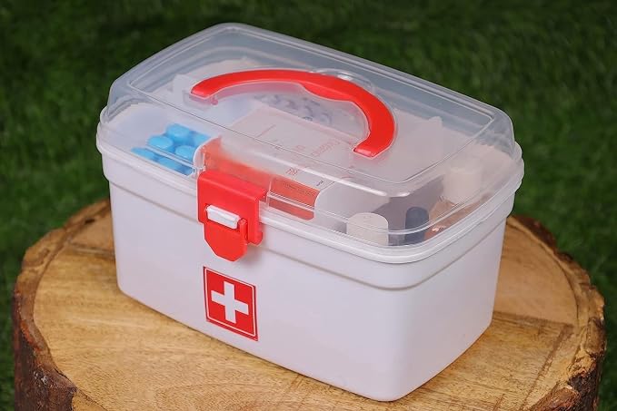Silver Shark Plastic Medicine Box, First Aid Box, Detachable Tray with Handle, Emergency Indoor Outdoor Medical Utility Cabinet Organizer, Transparent, Portable & Lockable Container, White
