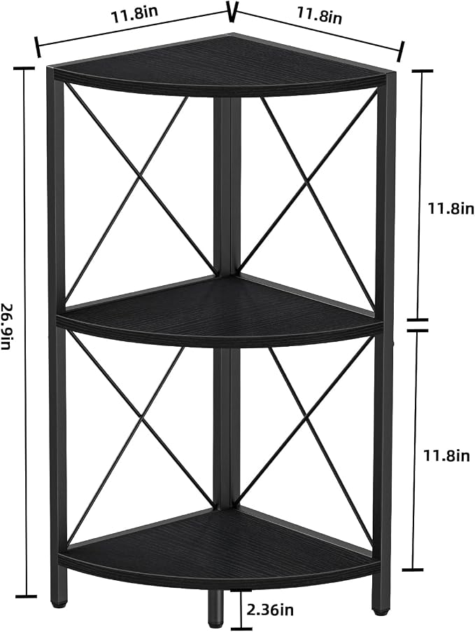 Snughome Corner Shelf with Metal Frame, 3 Tier Corner Storage Organizer, Freestanding Corner Bookshelf Stand Display Rack for Kitchen, Living Room, Black