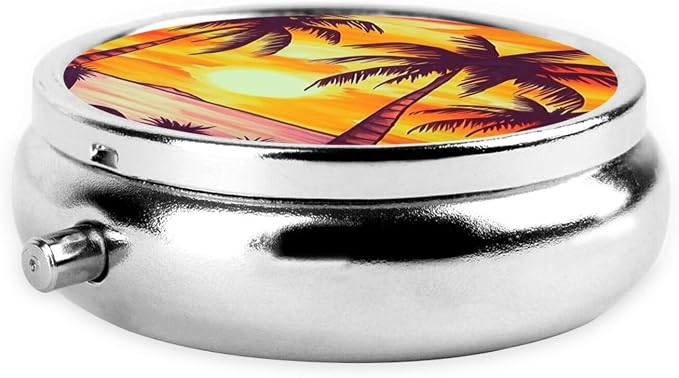 Round Pill Box Sunset Palm Tree Pill Case for Purse & Pocket 3 Compartment Pill Organizer Portable Travel Pillbox Medicine Pill Holder Container for Daily Vitamin Cod Liver Oil Storage