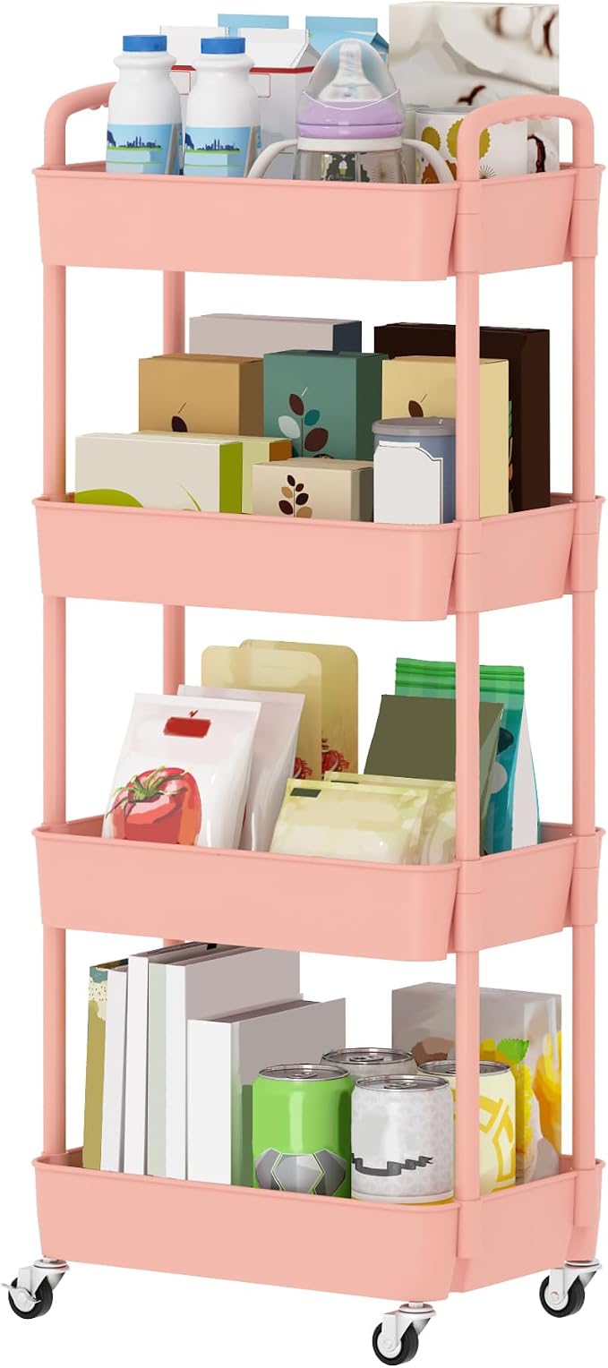 Sywhitta 4-Tier Plastic Rolling Utility Cart with Wheels for Storage, Pink | Multi-Functional Storage Trolley, for Office, Living Room, Kitchen, Bathroom,Movable Organizer,Space-Saving,Easy to assemble