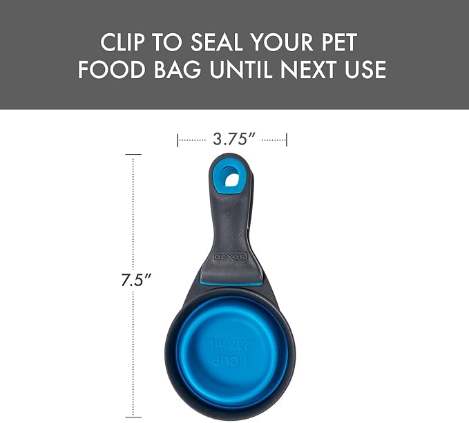 Dexas Popware for Pets Collapsible Klip Scoop, 3-in-1 Pet Food Scoop, Measuring Cup and Bag Clip, 1 Cup Capacity, Pro Blue