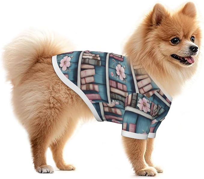 Vintage Floral Bookshelf Dog T Shirt Dogs Cats Cotton Shirts Short Sleeve Clothes Soft Stretchy Pet Costume Doggy Outfit Pullover Jumper Puppy Sweatshirt Small