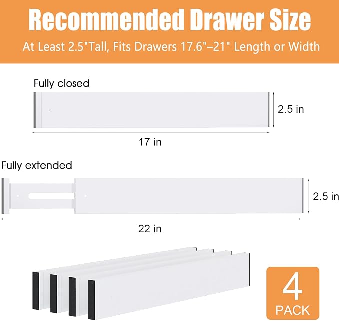 Bamboo Drawer Dividers, Adjustable Drawer Organizers, Fits 17.6–21" Drawers | 2.5" High, 4 Pack Expandable Drawer Separators for Kitchen, Nursery, Dressers & Office Storage, White