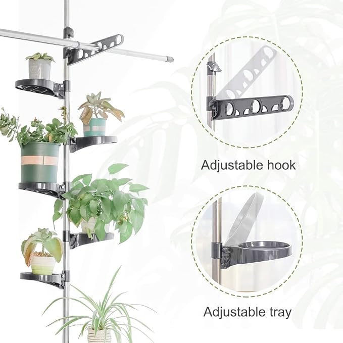 Plant Stand Floor to Ceiling-12 Trays Flower Pot Holder Tension Rod Grey | Indoor Telescopic Display Rack with 2 Hooks & Drying Rod | Adjustable Storage Organizer for Home Garden Decor | BAOYOUNI