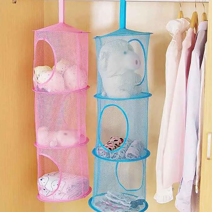 GSHLLO 2 Pcs Toy Storage Hanging Mesh 3 Compartment Organizer Net Stuffed Animal Hammock Foldable Organizing Baskets Clothes Hanger Organizer Bag for Room Bathroom Closet Green