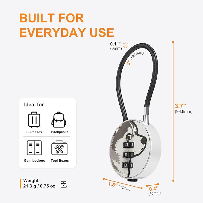 Small Combination Lock for Luggage, Gym Locker, Backpack Bag Zipper, Mini Combo Lock with Code, 5.12 Inch Steel Cable Padlock for Travel Suitcase (4-Dog, Cool)