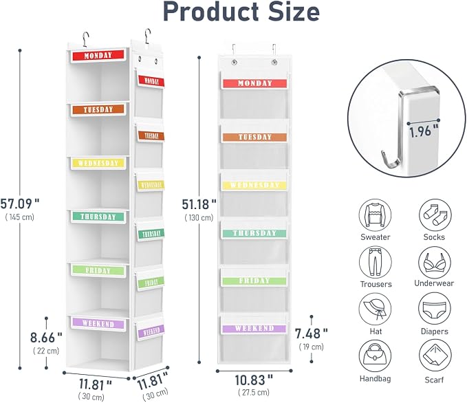 DIMJ Weekly Clothes Organizer for Kids - 2 in 1 Hanging Closet Organizer 6-Shelf Daily Monday Friday and Weekend Hanging Shelf Over the Door/Closet, for School Outfits for Girls/Boys, White