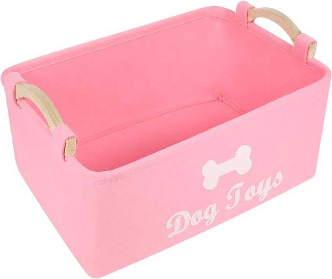 Felt Pet Toy Storage Box with Wooden Handles Lightweight Portable Organizer Bin for Household Pet Toys and Sundries 15.35X11.02X6.69 Inch Foldable Storage Container
