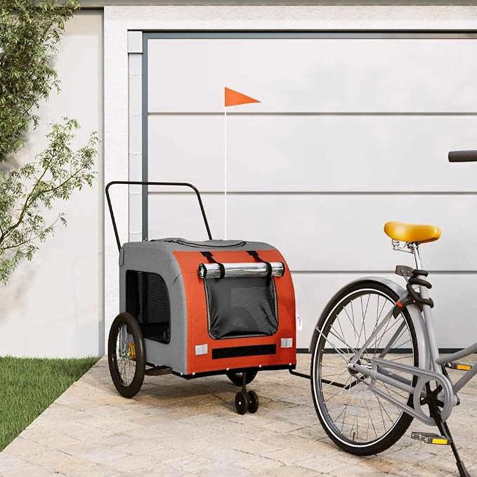 Pet Bike Trailer for Small Dogs, Foldable Bicycle Cargo Trailer with Iron Frame, Oxford Fabric Cabin, Safety Reflectors and Flag, Orange and Gray