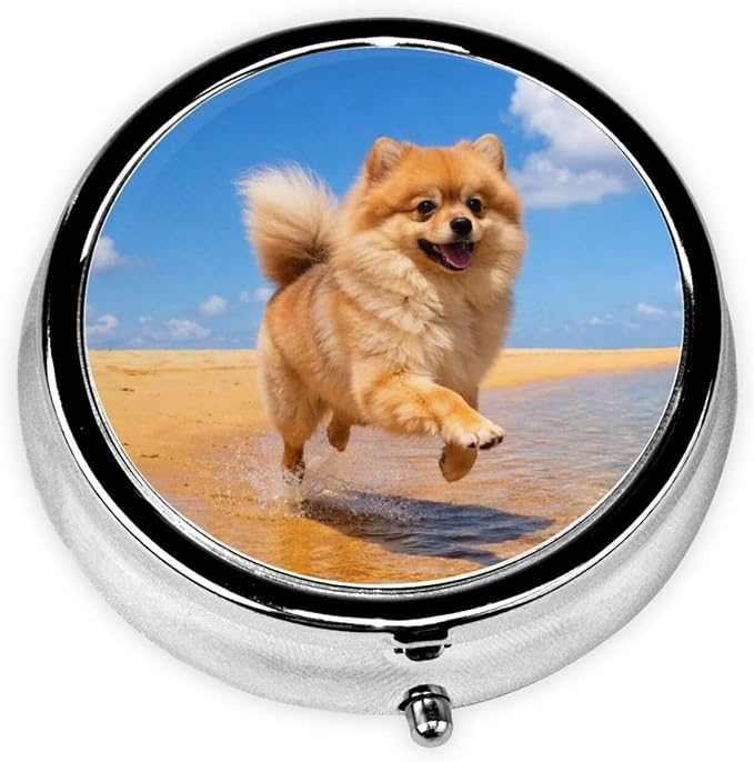 Pomeranian On The Beach Portable Pill Organizer | 3 Compartment, With Mirror, For Men Women, For Daily Supplements, Vitamins, Fish Oil, Jewelry, Candy, Travel