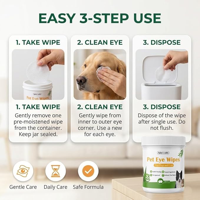 Dylan's cabin Eye Wipes for Dogs - 200 Count Soft Round Cat Eye Cleaning Pads, Alcohol Free pH Balanced Daily Tear Stain Wipes Remove Discharge and Crust