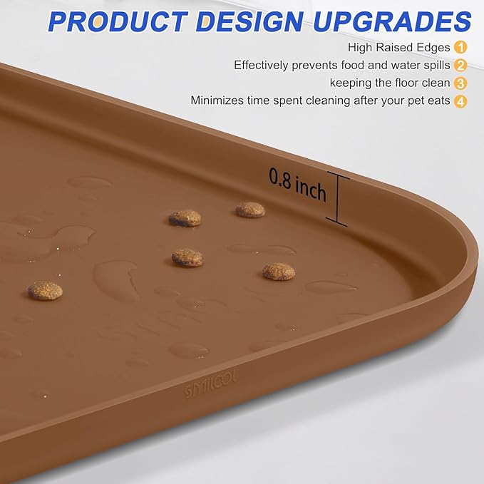 SMILOOL Silicone Pet Feeding Mat with Raised Edge for Food and Water, Dog Bowl Mats, Cat Bowls Placemat with High Lip for Floor Waterproof, Rubber Tray for Cats and Dogs 22 x 14 x0.8 Brown