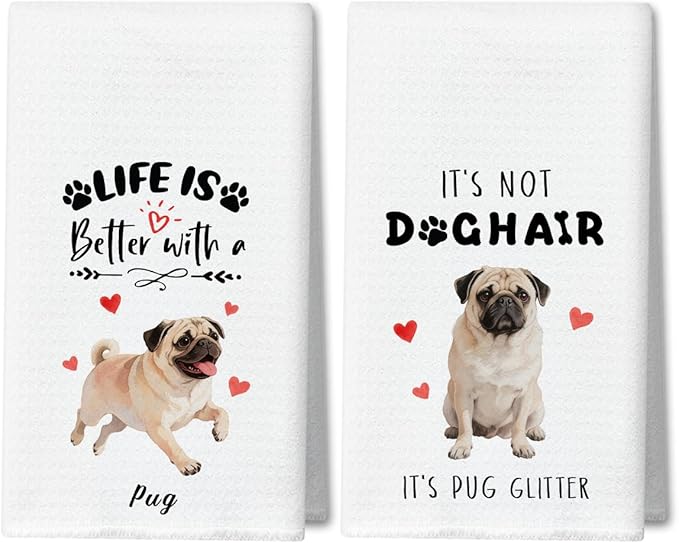 WwongxianB Pug Kitchen Towels Decorative Set of 2, Funny Tea Towel Hand Towels Highly Absorbent Soft Dish Cloths 16x24 Inches, Bathroom Dining Room Decor, Pug Gifts for Dog Lovers -12