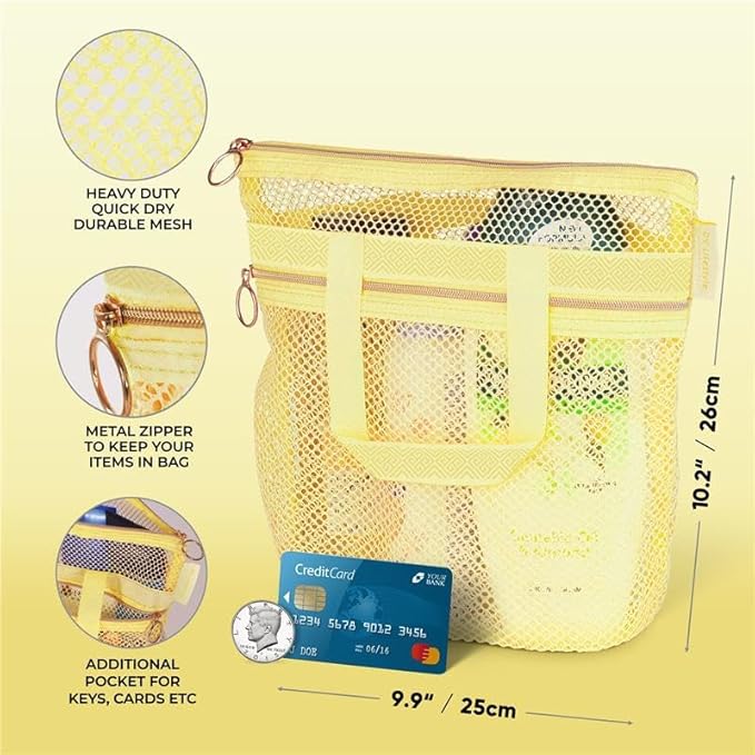 Mesh Shower Bag 10.2x9.9'' Quick-Dry Caddy with Zipper & 2 Pockets. Portable Toiletry Tote for Bathroom, Gym, Travel, Camp, Beach, for Sunscreen, Dorm & College Essentials (Yellow)