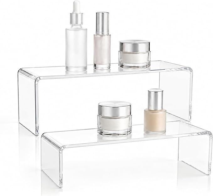 2 Pack Acrylic Medicine Cabinet Organizer Clear Shelves 2 Sizes | Includes 1 Small 11.4 x 3 x 3.7 Inch and 1 Large 11.4 x 3 x 5.1 Inch Shelf with 2 Non Slip Pads