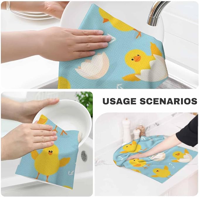 Little Chickens Kitchen Towels Set of 2 Cute Yellow Chicks Different Poses Dish Towels Absorbent Soft Hand Tea Bar Towels for Farmhouse Home Decor 16"X24"