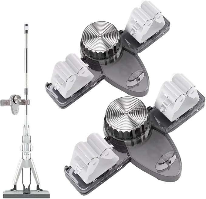Wall Mount Broom Holder Mop Hanger Organizer - No Drilling PET & Silicone Grip for Bathroom, Kitchen, Laundry Room Storage Rack, Adjustable Angle, Heavy Duty Vacuum Suction (2pcs Gray)