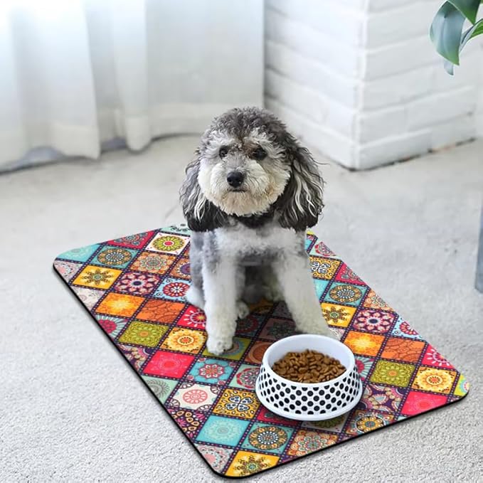 Dog Food Mats for Floors Waterproof, Pet Water Bowl Mats Pet Feeding Absorbent Placemats Bohemia 16 * 24 inch
