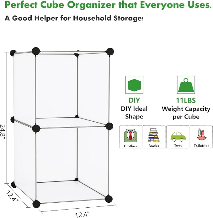 C&AHOME Modular Bookcase, 2-Cube Storage Organizer, Plastic Shelves, White | Portable Closet Organizer, DIY Bookshelf, Storage Cabinet Ideal for Kids, Home, Office, 12.4" L x 12.4" W x 24.8" H