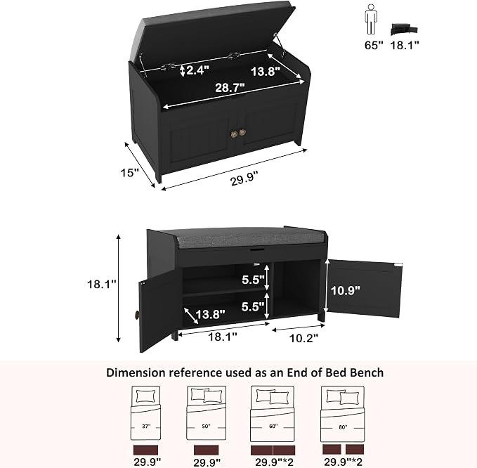 HOMEFORT 30" Shoe Bench with Lift Top Storage, Entryway Bench with Cushioned Seat, Wooden End of Bed Bench, Shoe Cabinet Bench with Hidden Storage Space, for Bedroom, Hallway,Black