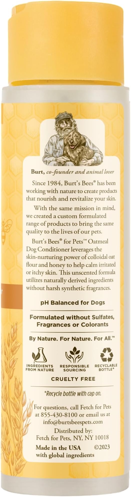 Burt’s Bees for Pets Oatmeal Dog Conditioner with Honey, Moisturizing Dog Coat Conditioner for Dry and Sensitive Skin to Help Soften and Nourish Coats During Grooming, 10 Fl Oz