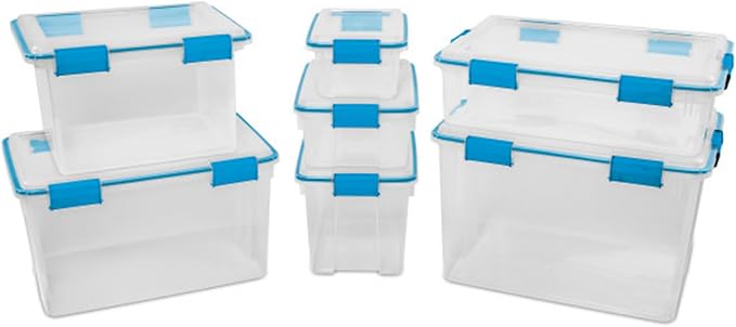Sterilite Gasket Storage Box with Lids for Home & Office, 12 Quart, 12-Pack | Heavy-Duty, Stackable, and Organizing Containers for Bathroom, Cabinet, Closet, and Garage, Clear and Blue Aquarium Latches