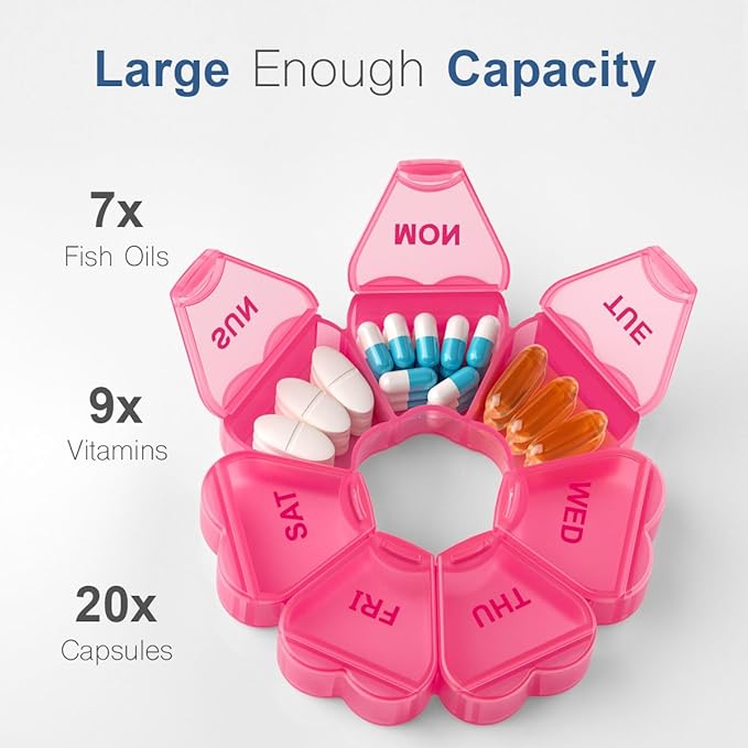 Large Weekly Pill Organizer, Pill Box 7 Day, KAPENS Daily Vitamin Case Large Capacity Compartments, Pill Containers for Fish Oil Medicine Supplements, Red
