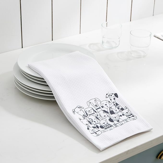 Set of 2 Waffle Weave Kitchen Towels, 380 GSM Absorbent Quick-Dry Microfiber Dish Towels, Funny Dog Tea Towels, 18 x 30 Inches, Gift for Dog Lovers, Kitchen Decor