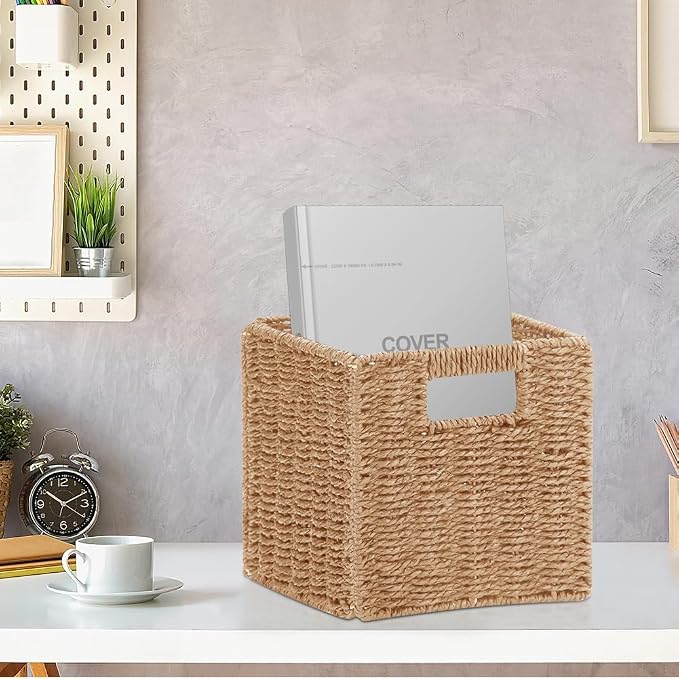 6 Pack 8.7 Inch Wicker Baskets, Hand Paper Rope Storage Baskets | Foldable Cube Storage Bins Organizer Square Wicker Cubes for Shelves Pantry Organizing & Decor