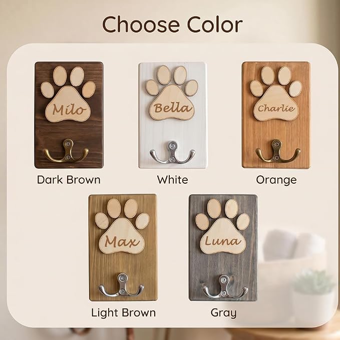 Personalized Wooden Paw Print Pet Leash Holder with Custom Name Engraving – 5 Color Options, Wall-Mounted Dog Collar & Leash Organizer for Entryway, Mudroom or Pet Lover’s Gift