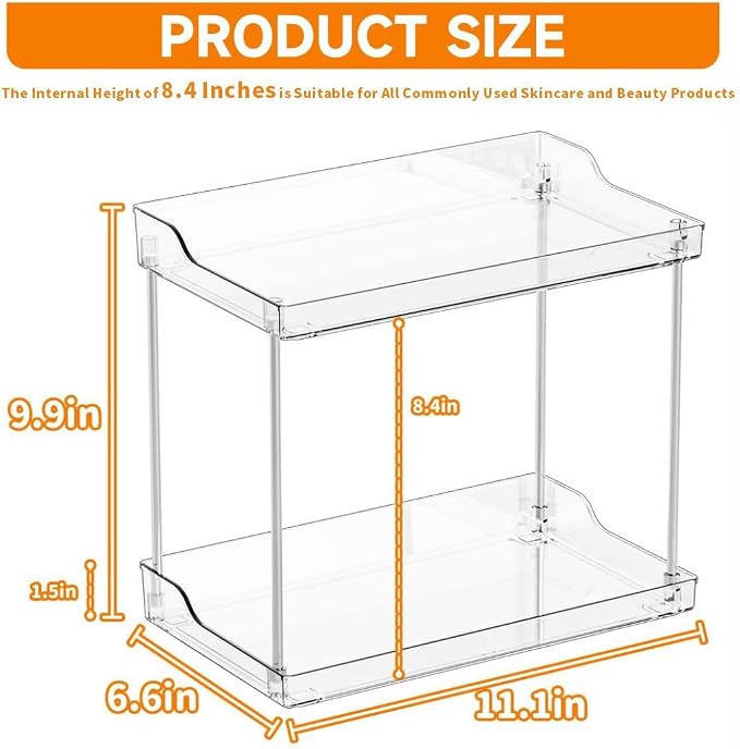 Clear Acrylic Bathroom Counter Organizers and Storage Tray, 2 Tier Makeup,Perfume,Skincare Organizer Shelf & Vanity Storage for Bedroom and Counter Top Spice Racks for Kitchen Corner,Rectangle