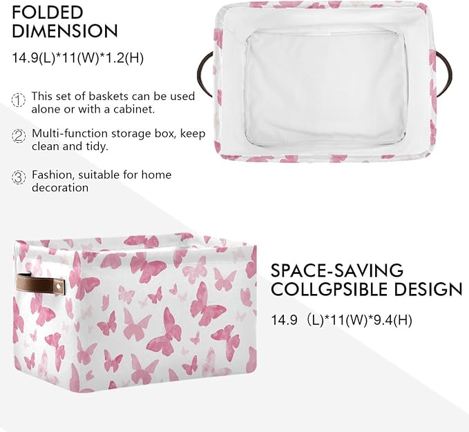 Watercolor Pink Butterfly Storage Basket Bin, Large Cube Storage Box Canvas Collapsible Storage Organizer for Home Office Closet - 15 L x 11 W x 9.5 H