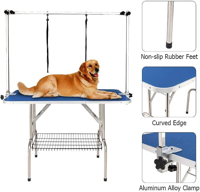Bonnlo 32-inches Pet Grooming Table, Portable Dog Grooming Table with Arm Noose & Mesh Tray, Adjustable Foldable Pet Groom Table Stand for Dog Cat, Maximum Capacity Up to 330 LBS (32in)