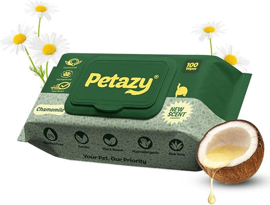Petazy Dog Wipes for Paws and Butt – 100 Count (8x8in) Hypoallergenic, Deodorizing Pet Wipes for Dogs and Cats | Extra Large, Plant-Based, Chamomile Scented | Travel Size, Single On-the-Go Pack